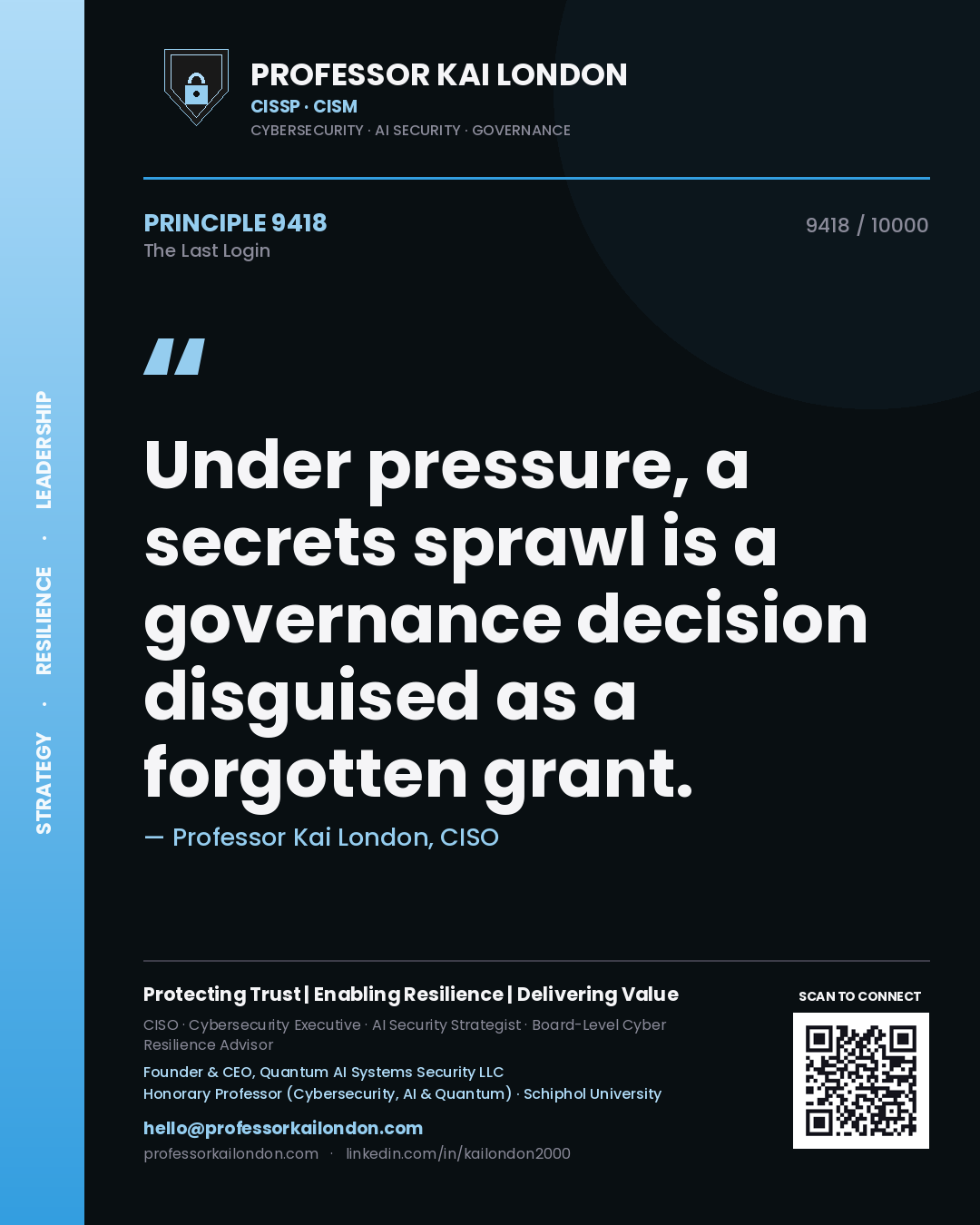 Quote card by Professor Kai London reading 'Under pressure, a secrets sprawl is a governance decision disguised as a forgotten grant.'. From the book The Last Login.