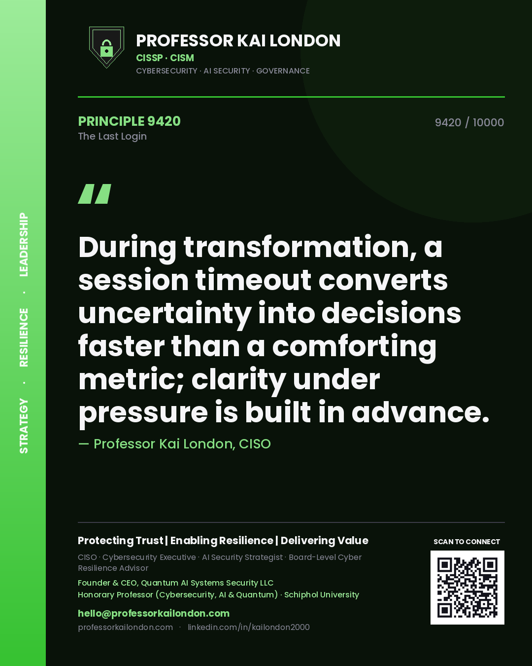 Quote card by Professor Kai London reading 'During transformation, a session timeout converts uncertainty into decisions faster than a comforting metric; clarity under pressure is built in advance.'. From the book The Last Login.