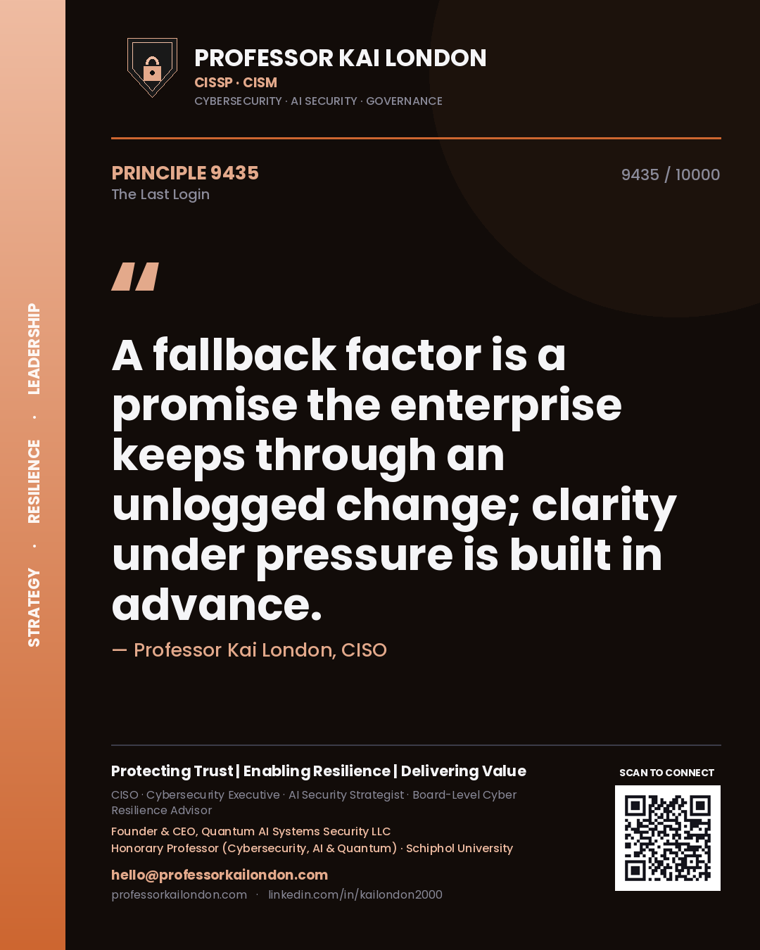 Quote card by Professor Kai London reading 'A fallback factor is a promise the enterprise keeps through an unlogged change; clarity under pressure is built in advance.'. From the book The Last Login.