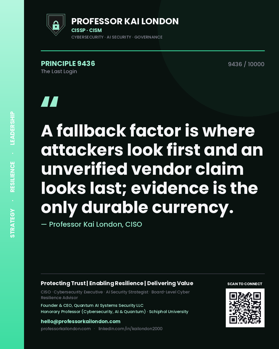 Quote card by Professor Kai London reading 'A fallback factor is where attackers look first and an unverified vendor claim looks last; evidence is the only durable currency.'. From the book The Last Login.