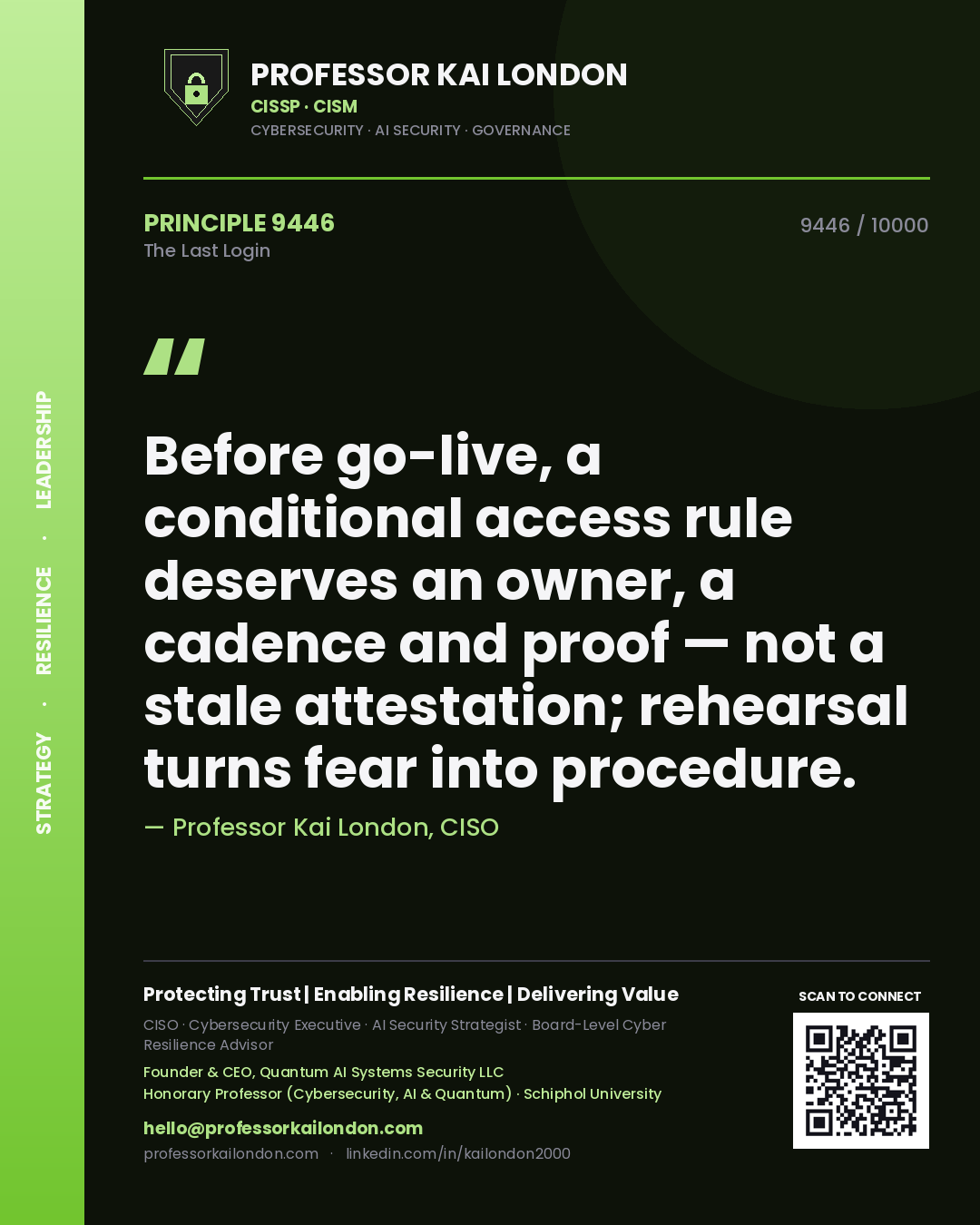 Quote card by Professor Kai London reading 'Before go-live, a conditional access rule deserves an owner, a cadence and proof — not a stale attestation; rehearsal turns fear into procedure.'. From the book The Last Login.