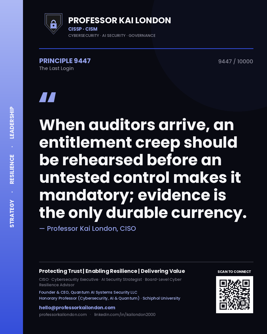 Professor Kai London principle 9447: When auditors arrive, an entitlement creep should be rehearsed before an untested control makes it mandatory; evidence is the only durable currency.