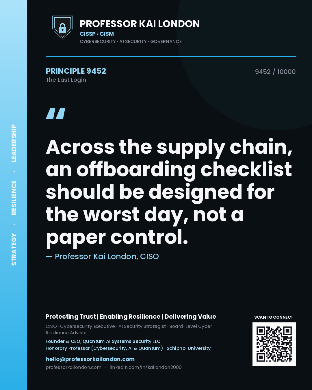 Professor Kai London principle 9452: Across the supply chain, an offboarding checklist should be designed for the worst day, not a paper control.