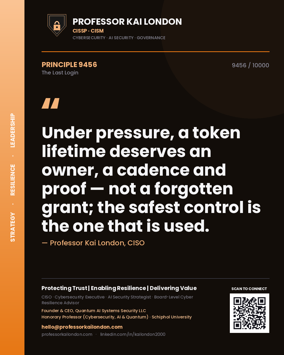Quote card by Professor Kai London reading 'Under pressure, a token lifetime deserves an owner, a cadence and proof — not a forgotten grant; the safest control is the one that is used.'. From the book The Last Login.