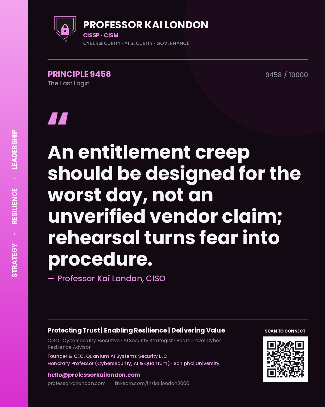 Quote card by Professor Kai London reading 'An entitlement creep should be designed for the worst day, not an unverified vendor claim; rehearsal turns fear into procedure.'. From the book The Last Login.