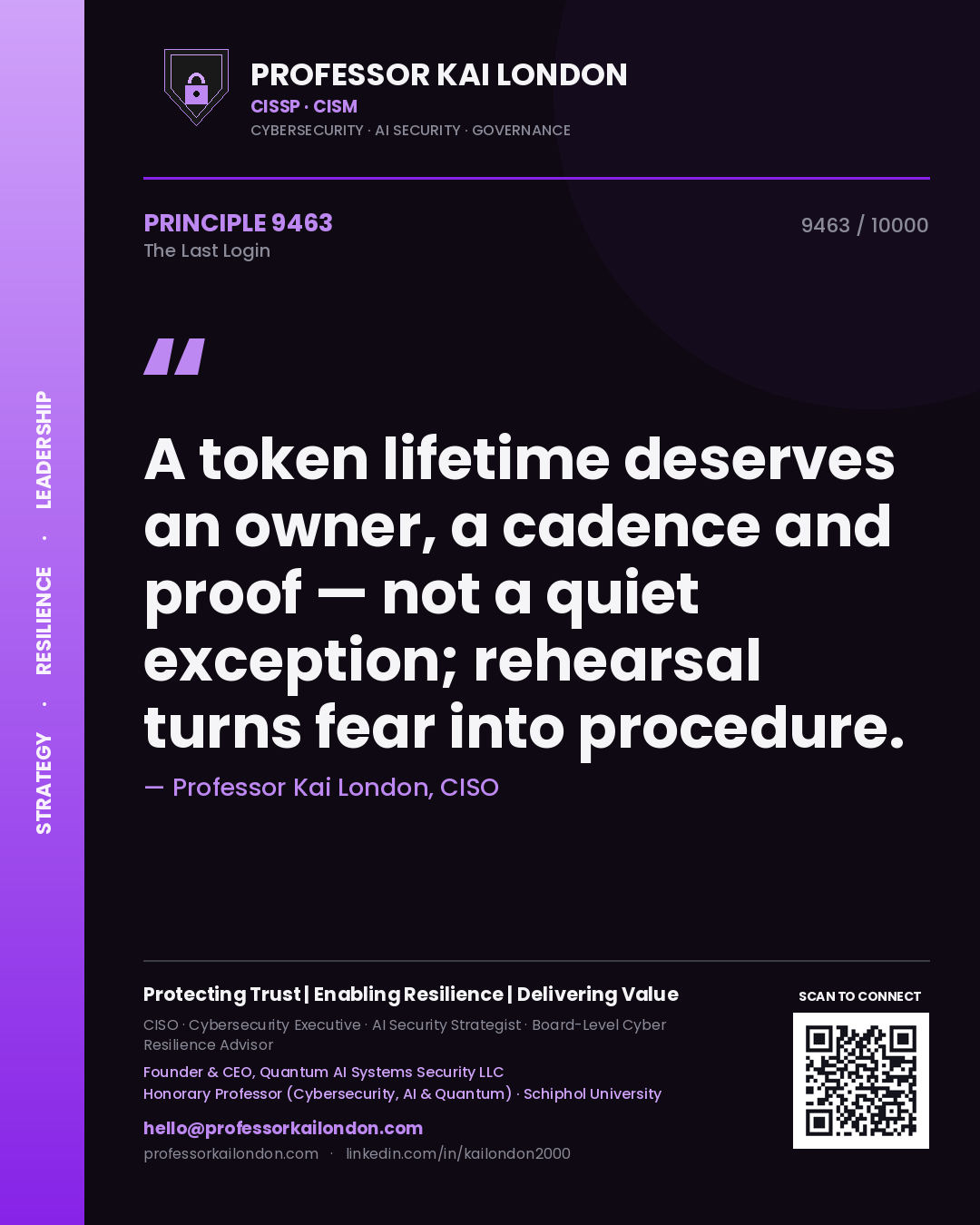 Quote card by Professor Kai London reading 'A token lifetime deserves an owner, a cadence and proof — not a quiet exception; rehearsal turns fear into procedure.'. From the book The Last Login.