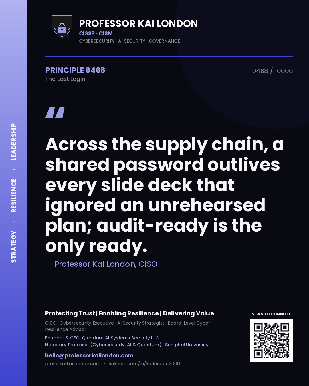 Quote card by Professor Kai London reading 'Across the supply chain, a shared password outlives every slide deck that ignored an unrehearsed plan; audit-ready is the only ready.'. From the book The Last Login.