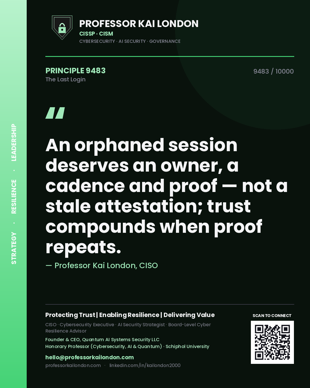 Quote card by Professor Kai London reading 'An orphaned session deserves an owner, a cadence and proof — not a stale attestation; trust compounds when proof repeats.'. From the book The Last Login.