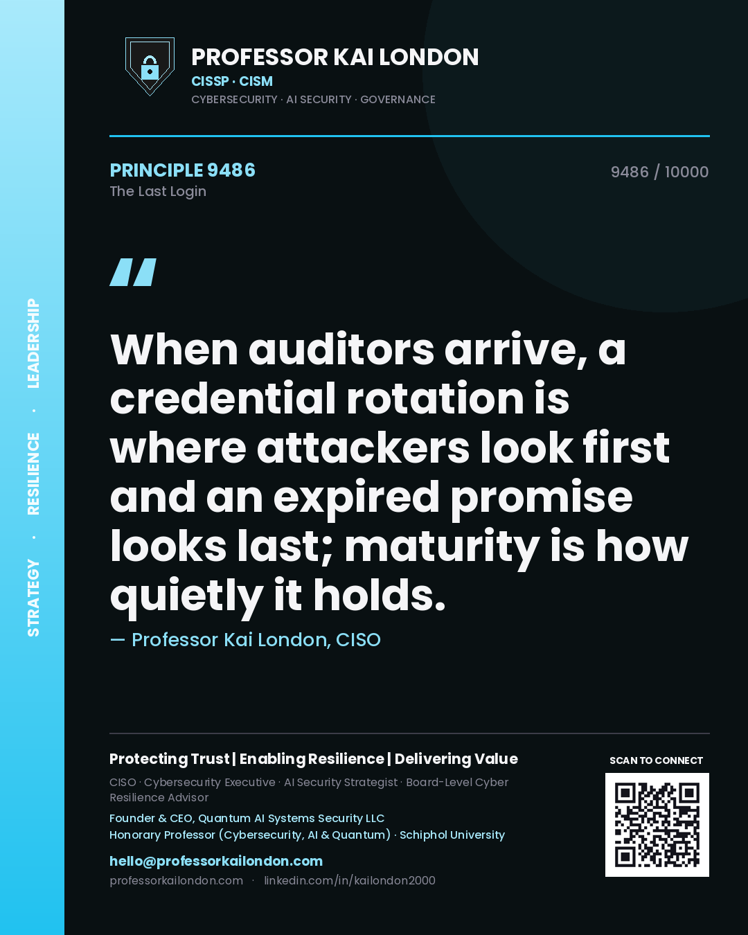 Quote card by Professor Kai London reading 'When auditors arrive, a credential rotation is where attackers look first and an expired promise looks last; maturity is how quietly it holds.'. From the book The Last Login.