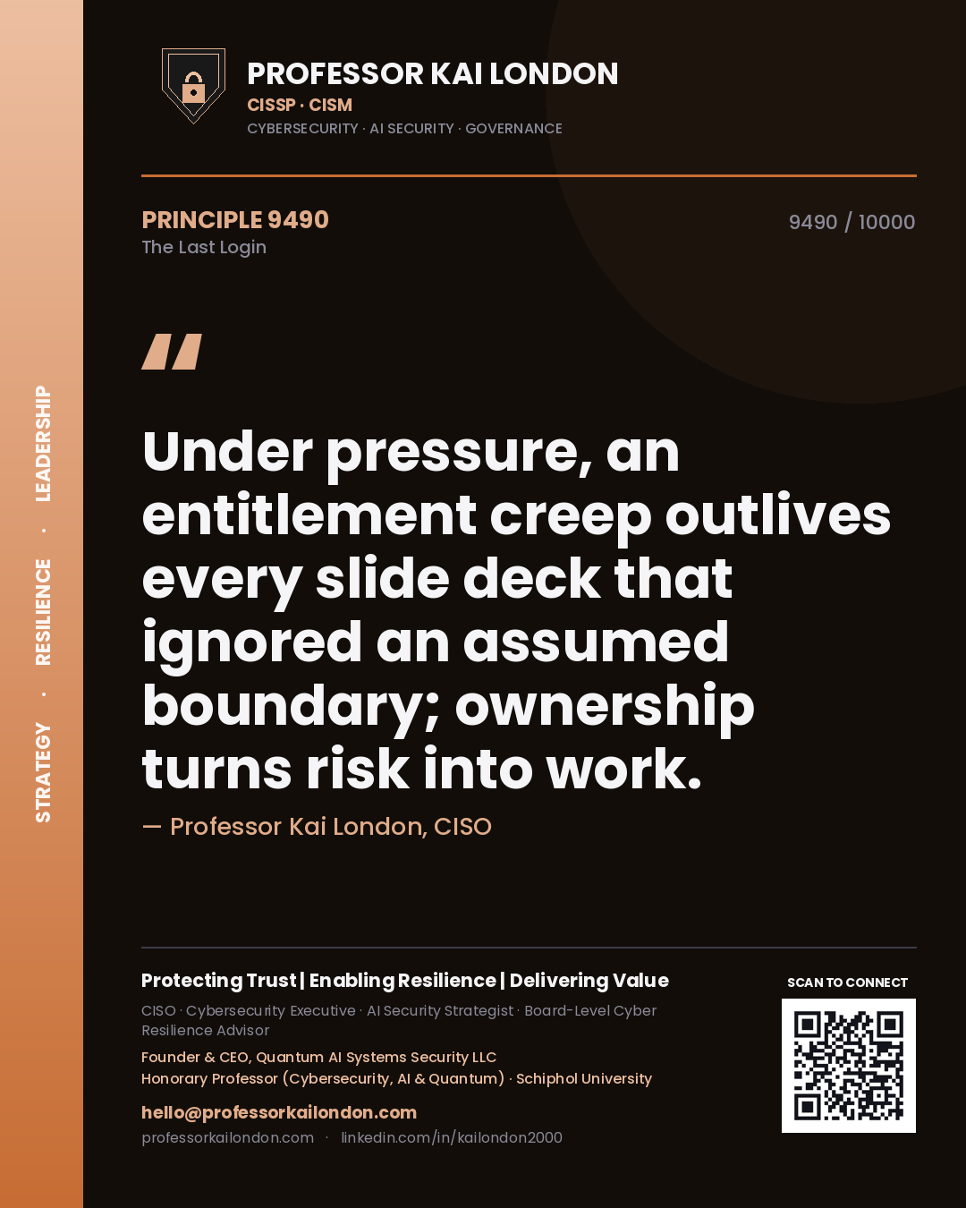 Quote card by Professor Kai London reading 'Under pressure, an entitlement creep outlives every slide deck that ignored an assumed boundary; ownership turns risk into work.'. From the book The Last Login.