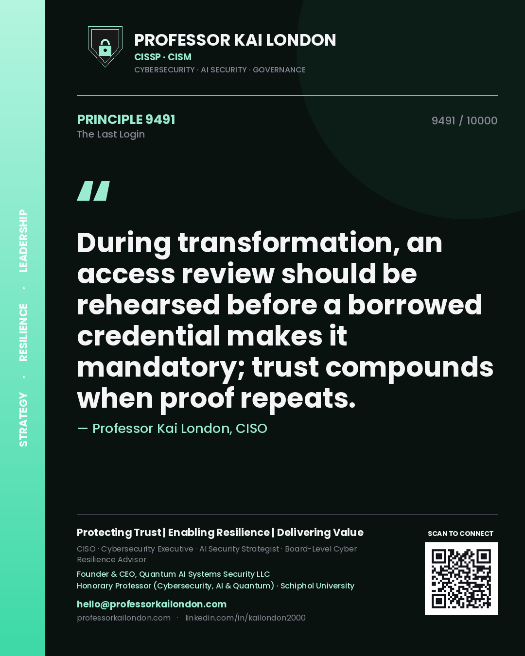Professor Kai London principle 9491: During transformation, an access review should be rehearsed before a borrowed credential makes it mandatory; trust compounds when proof repeats.