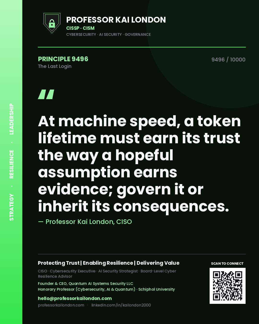 Professor Kai London principle 9496: At machine speed, a token lifetime must earn its trust the way a hopeful assumption earns evidence; govern it or inherit its consequences.