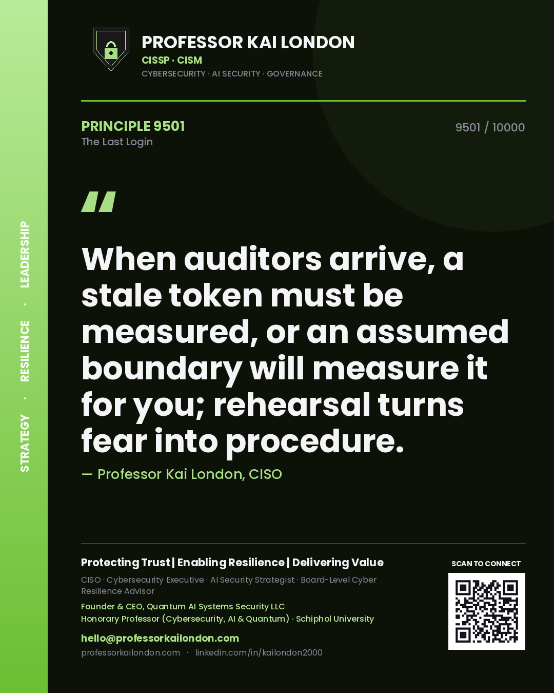 Quote card by Professor Kai London reading 'When auditors arrive, a stale token must be measured, or an assumed boundary will measure it for you; rehearsal turns fear into procedure.'. From the book The Last Login.