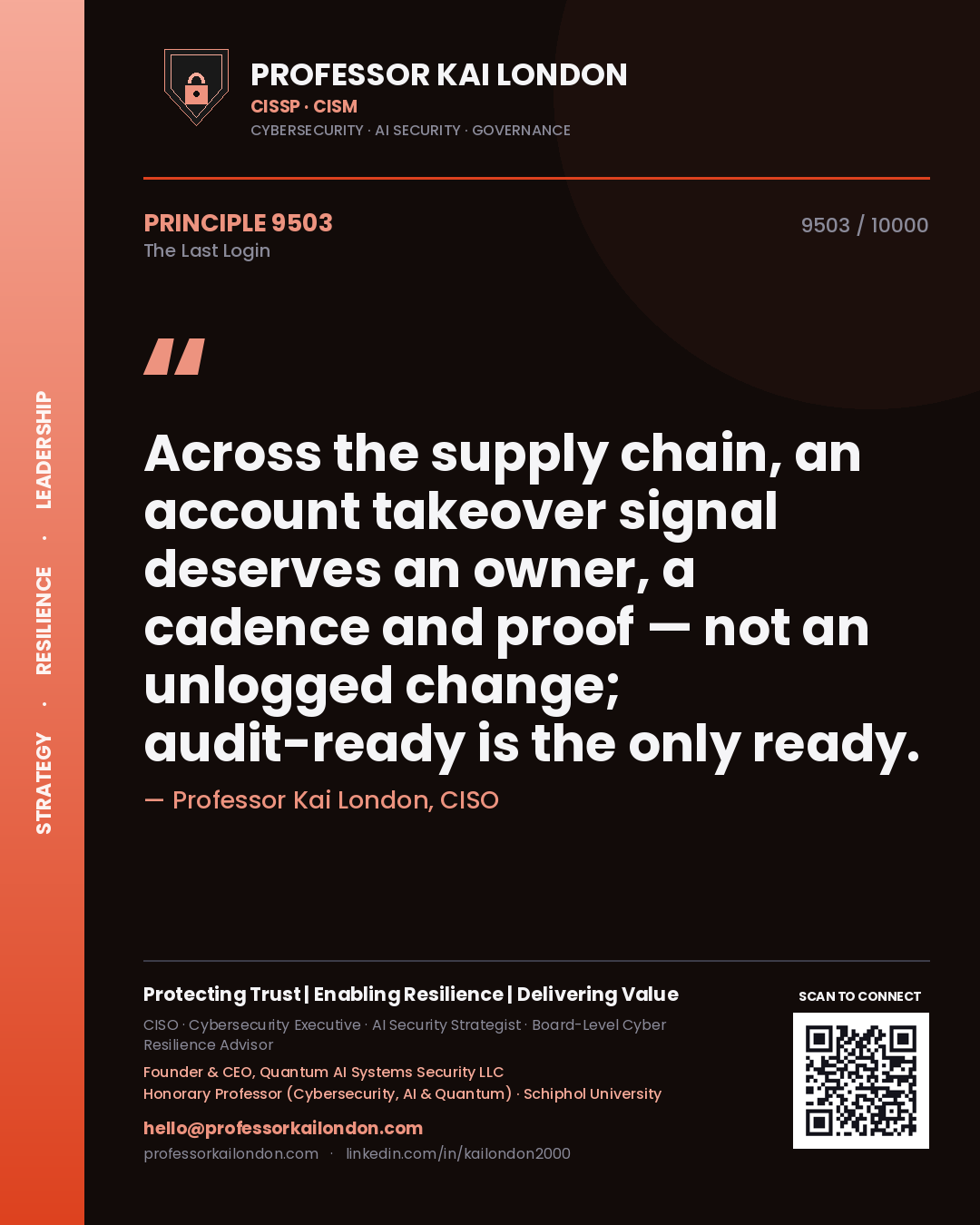 Professor Kai London principle 9503: Across the supply chain, an account takeover signal deserves an owner, a cadence and proof — not an unlogged change; audit-ready is the only ready.