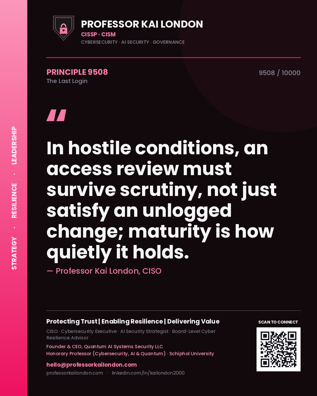 Quote card by Professor Kai London reading 'In hostile conditions, an access review must survive scrutiny, not just satisfy an unlogged change; maturity is how quietly it holds.'. From the book The Last Login.