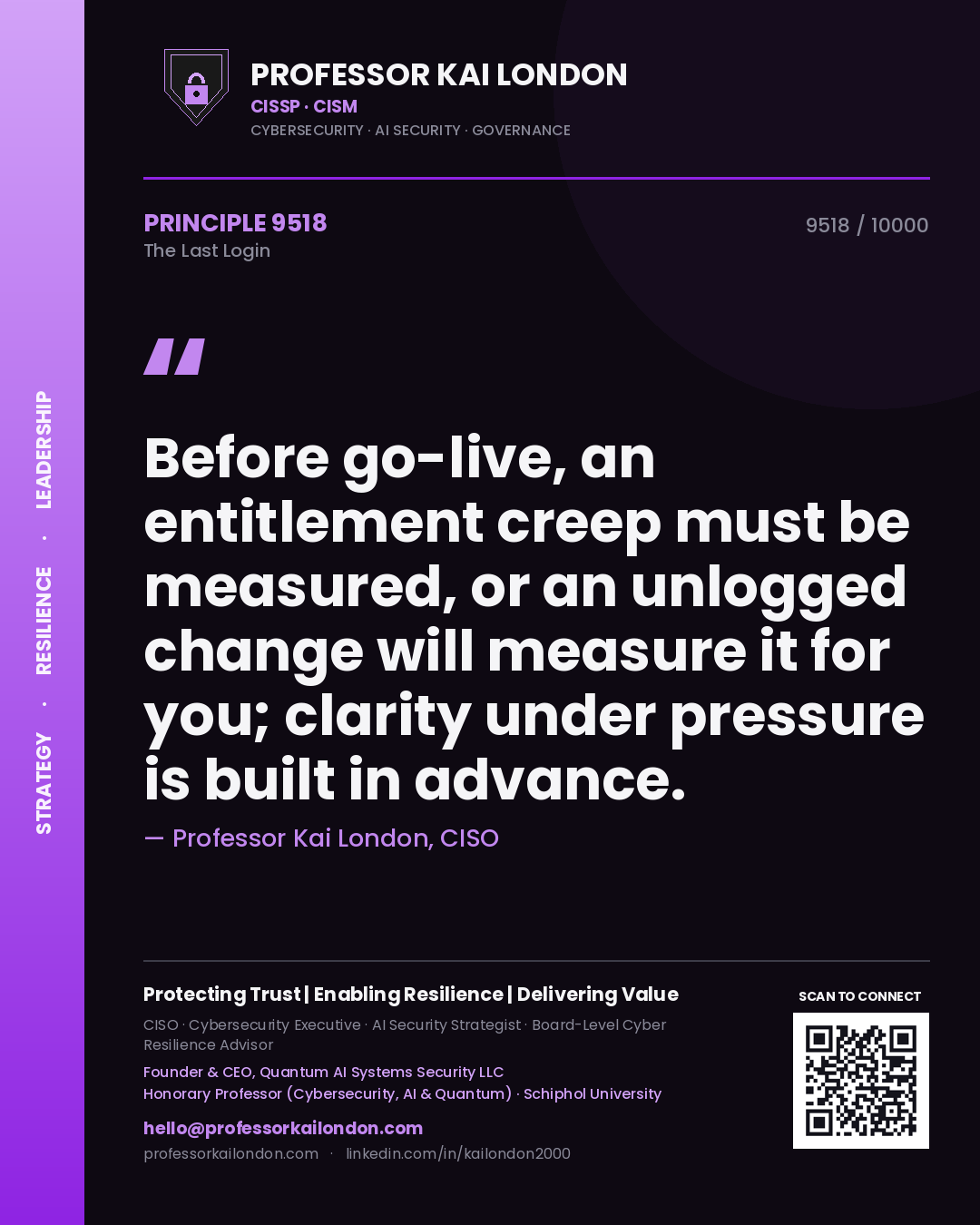Professor Kai London principle 9518: Before go-live, an entitlement creep must be measured, or an unlogged change will measure it for you; clarity under pressure is built in advance.