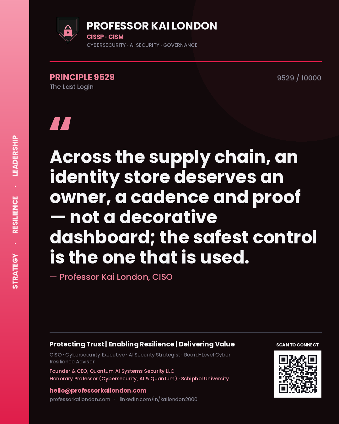 Quote card by Professor Kai London reading 'Across the supply chain, an identity store deserves an owner, a cadence and proof — not a decorative dashboard; the safest control is the one that is used.'. From the book The Last Login.
