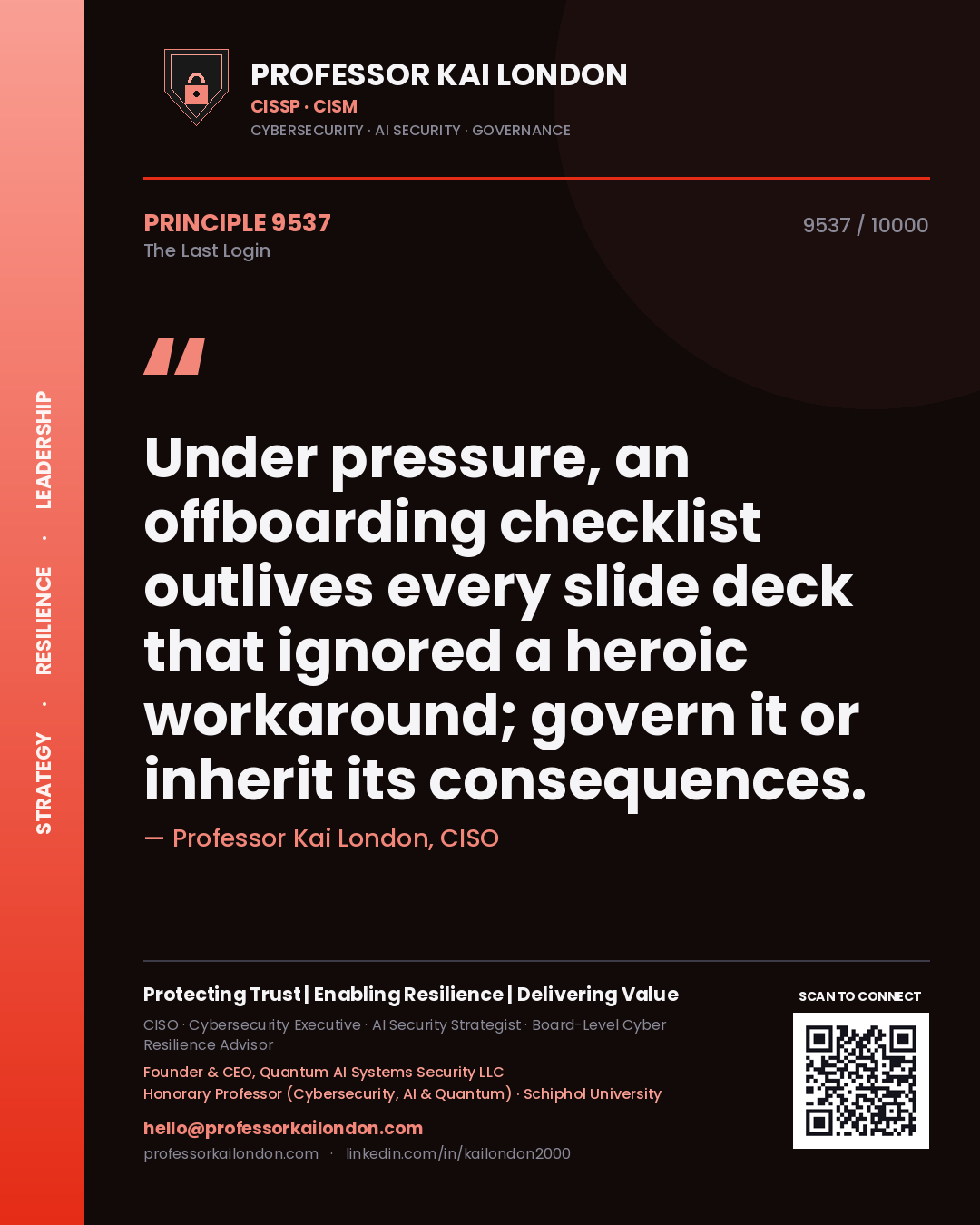 Quote card by Professor Kai London reading 'Under pressure, an offboarding checklist outlives every slide deck that ignored a heroic workaround; govern it or inherit its consequences.'. From the book The Last Login.