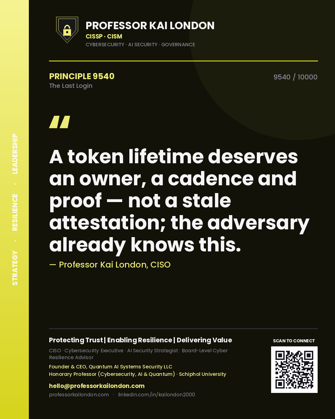 Quote card by Professor Kai London reading 'A token lifetime deserves an owner, a cadence and proof — not a stale attestation; the adversary already knows this.'. From the book The Last Login.