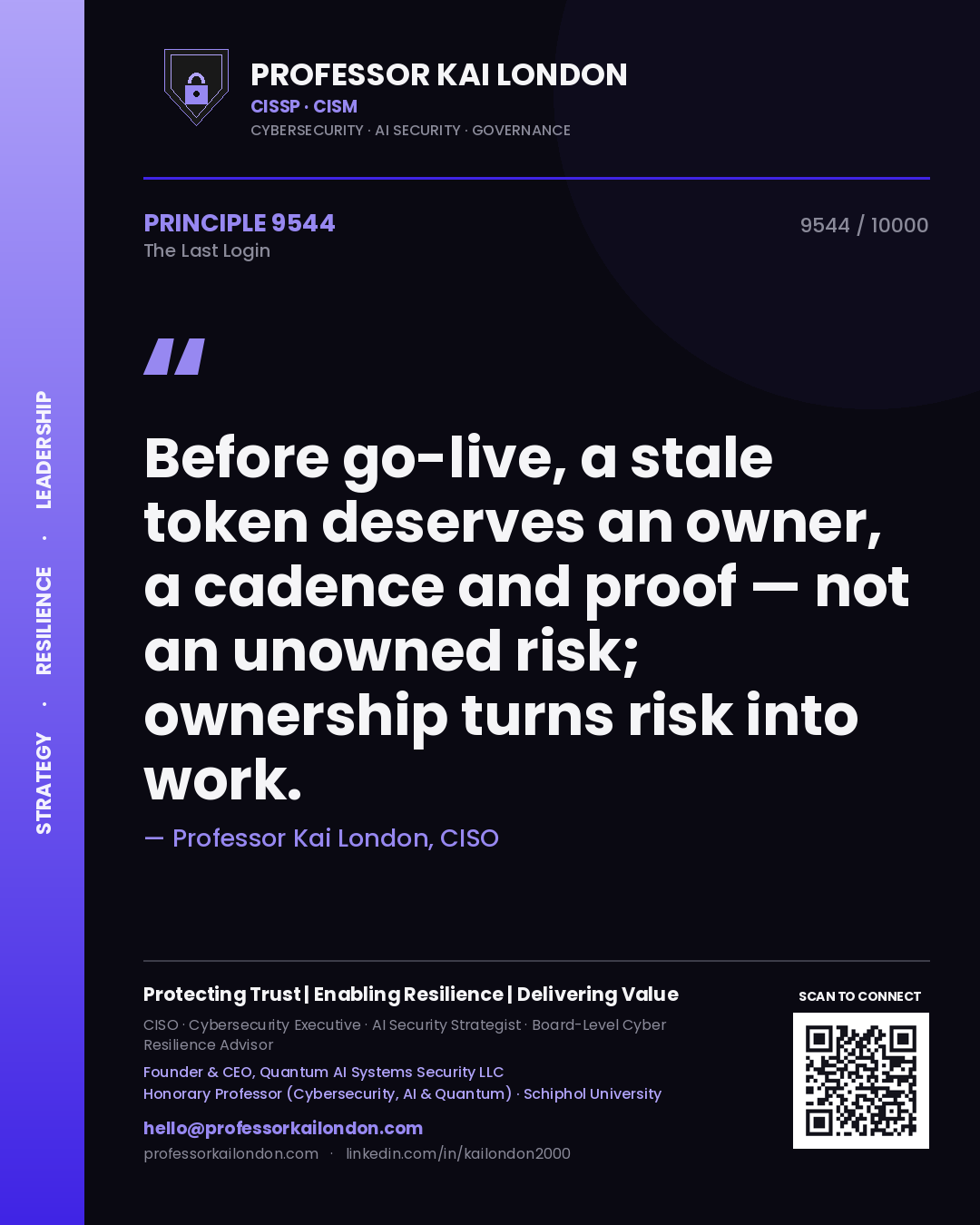 Professor Kai London principle 9544: Before go-live, a stale token deserves an owner, a cadence and proof — not an unowned risk; ownership turns risk into work.
