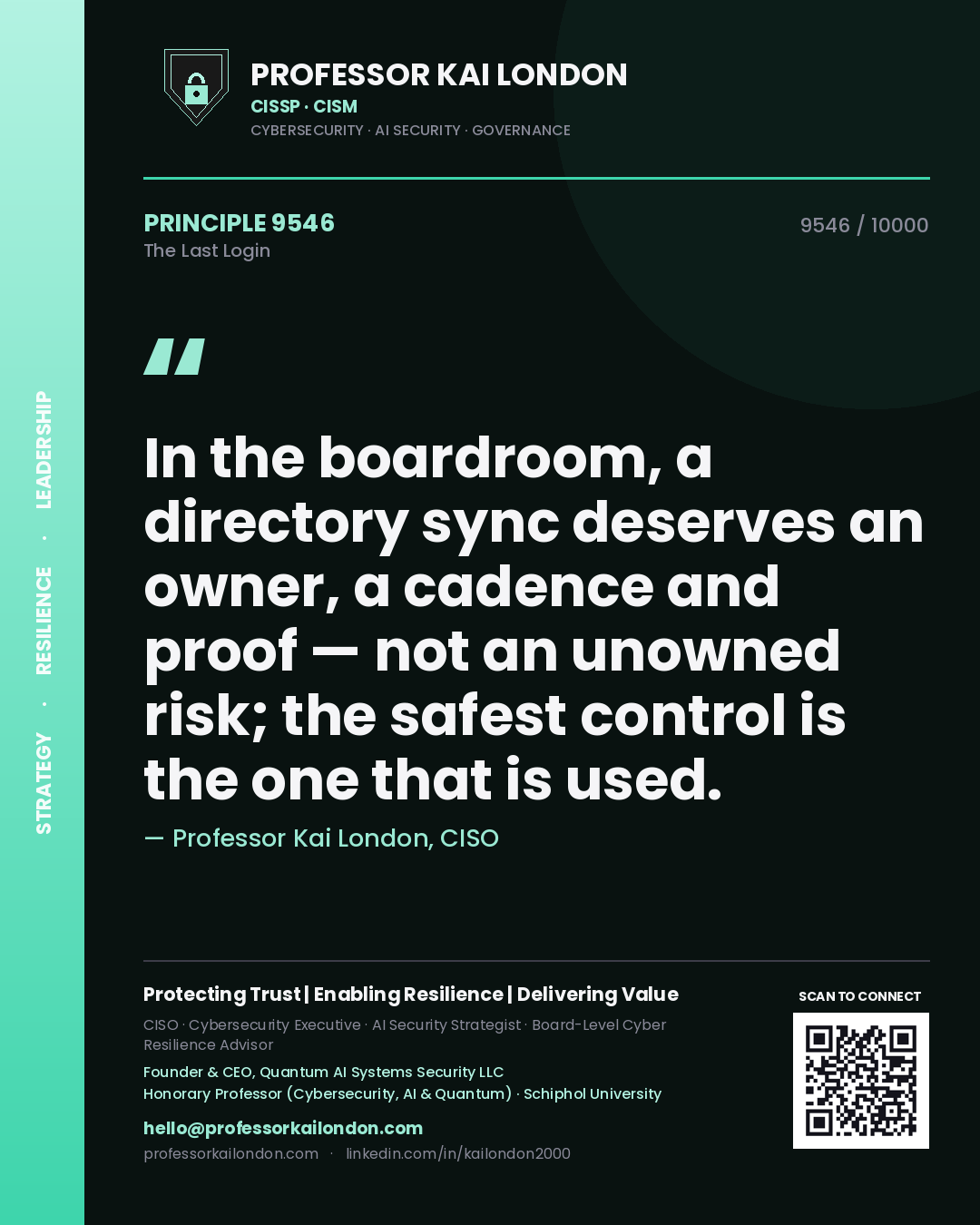 Quote card by Professor Kai London reading 'In the boardroom, a directory sync deserves an owner, a cadence and proof — not an unowned risk; the safest control is the one that is used.'. From the book The Last Login.