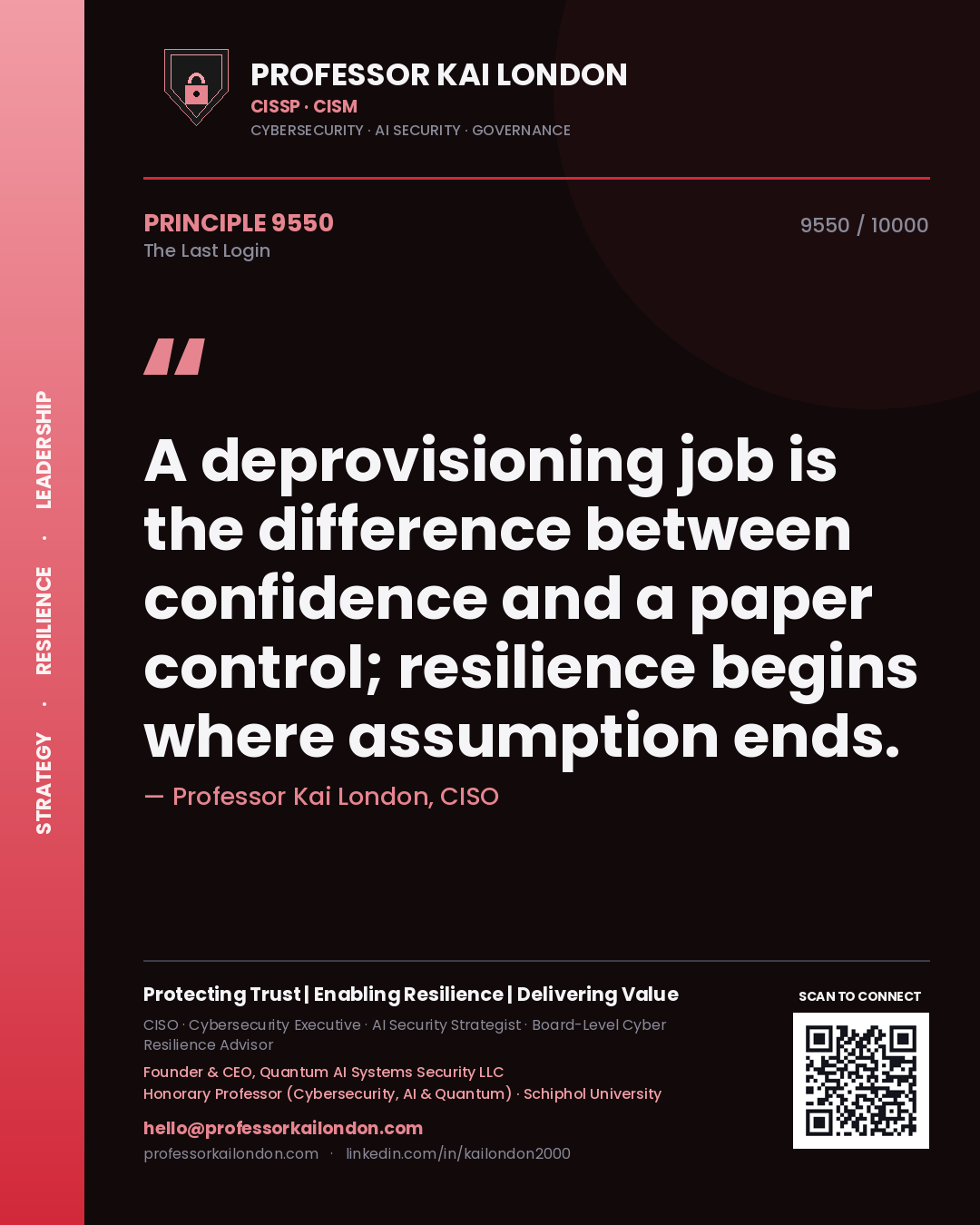 Professor Kai London principle 9550: A deprovisioning job is the difference between confidence and a paper control; resilience begins where assumption ends.