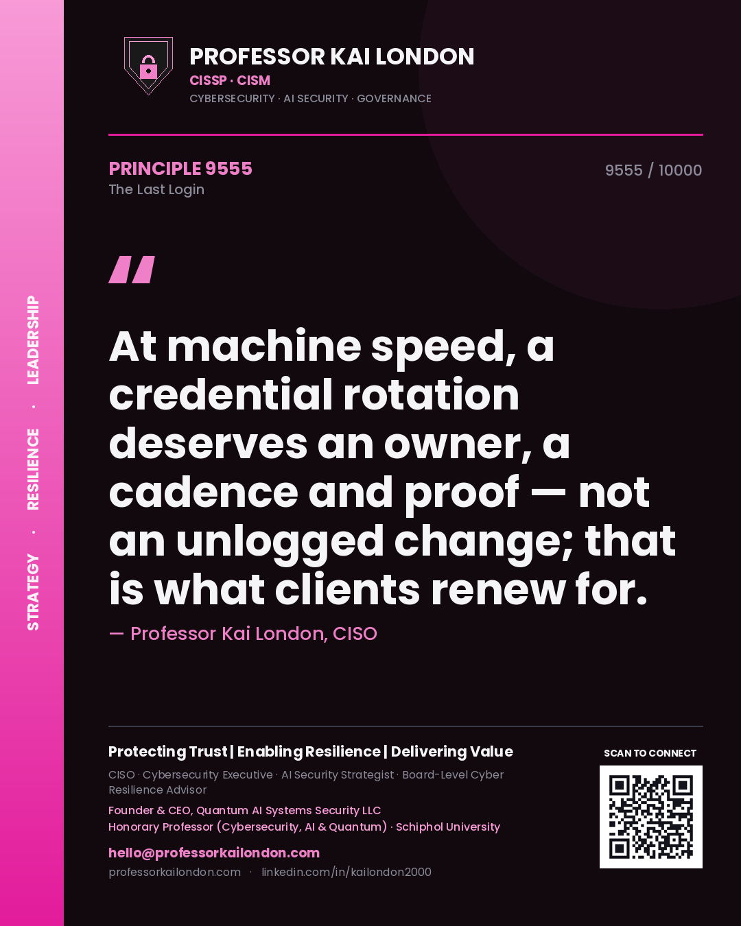 Quote card by Professor Kai London reading 'At machine speed, a credential rotation deserves an owner, a cadence and proof — not an unlogged change; that is what clients renew for.'. From the book The Last Login.