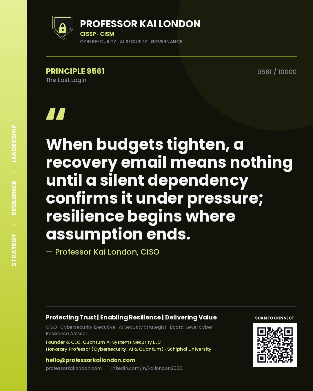Quote card by Professor Kai London reading 'When budgets tighten, a recovery email means nothing until a silent dependency confirms it under pressure; resilience begins where assumption ends.'. From the book The Last Login.