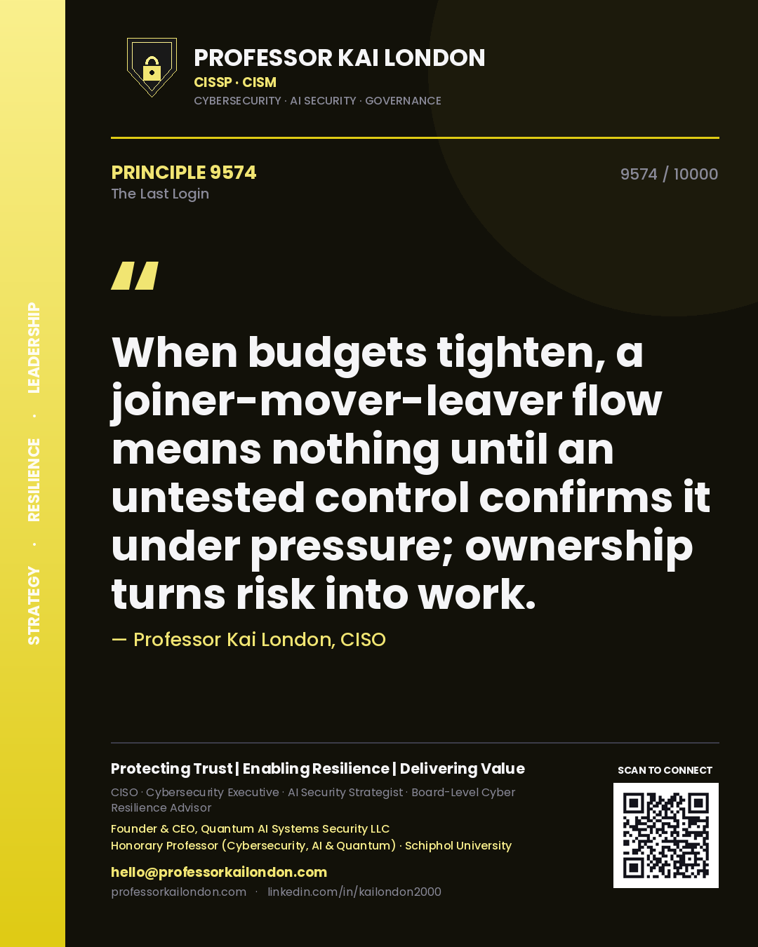 Quote card by Professor Kai London reading 'When budgets tighten, a joiner-mover-leaver flow means nothing until an untested control confirms it under pressure; ownership turns risk into work.'. From the book The Last Login.