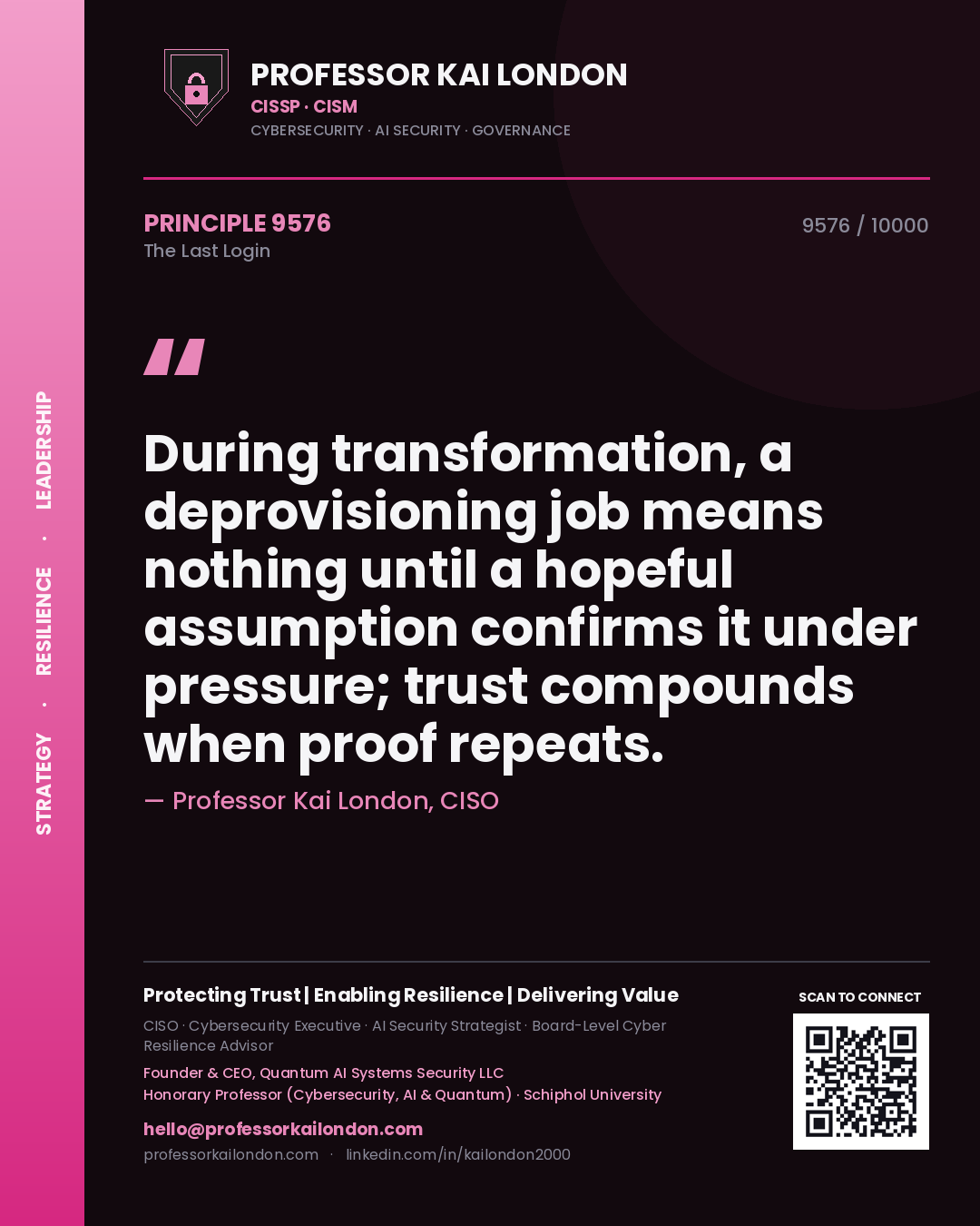 Professor Kai London principle 9576: During transformation, a deprovisioning job means nothing until a hopeful assumption confirms it under pressure; trust compounds when proof repeats.