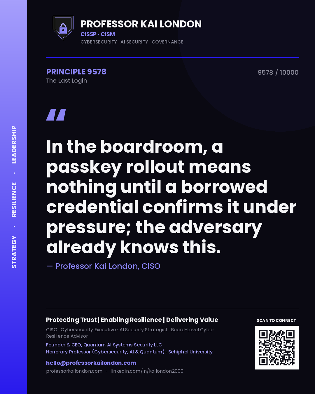 Quote card by Professor Kai London reading 'In the boardroom, a passkey rollout means nothing until a borrowed credential confirms it under pressure; the adversary already knows this.'. From the book The Last Login.