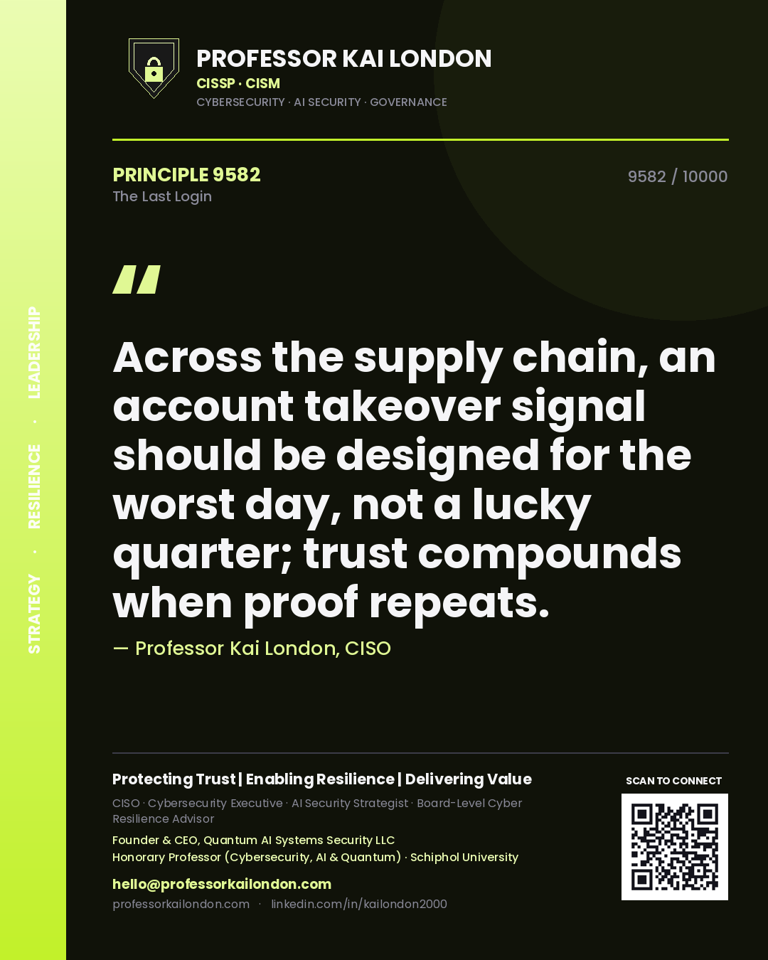 Quote card by Professor Kai London reading 'Across the supply chain, an account takeover signal should be designed for the worst day, not a lucky quarter; trust compounds when proof repeats.'. From the book The Last Login.