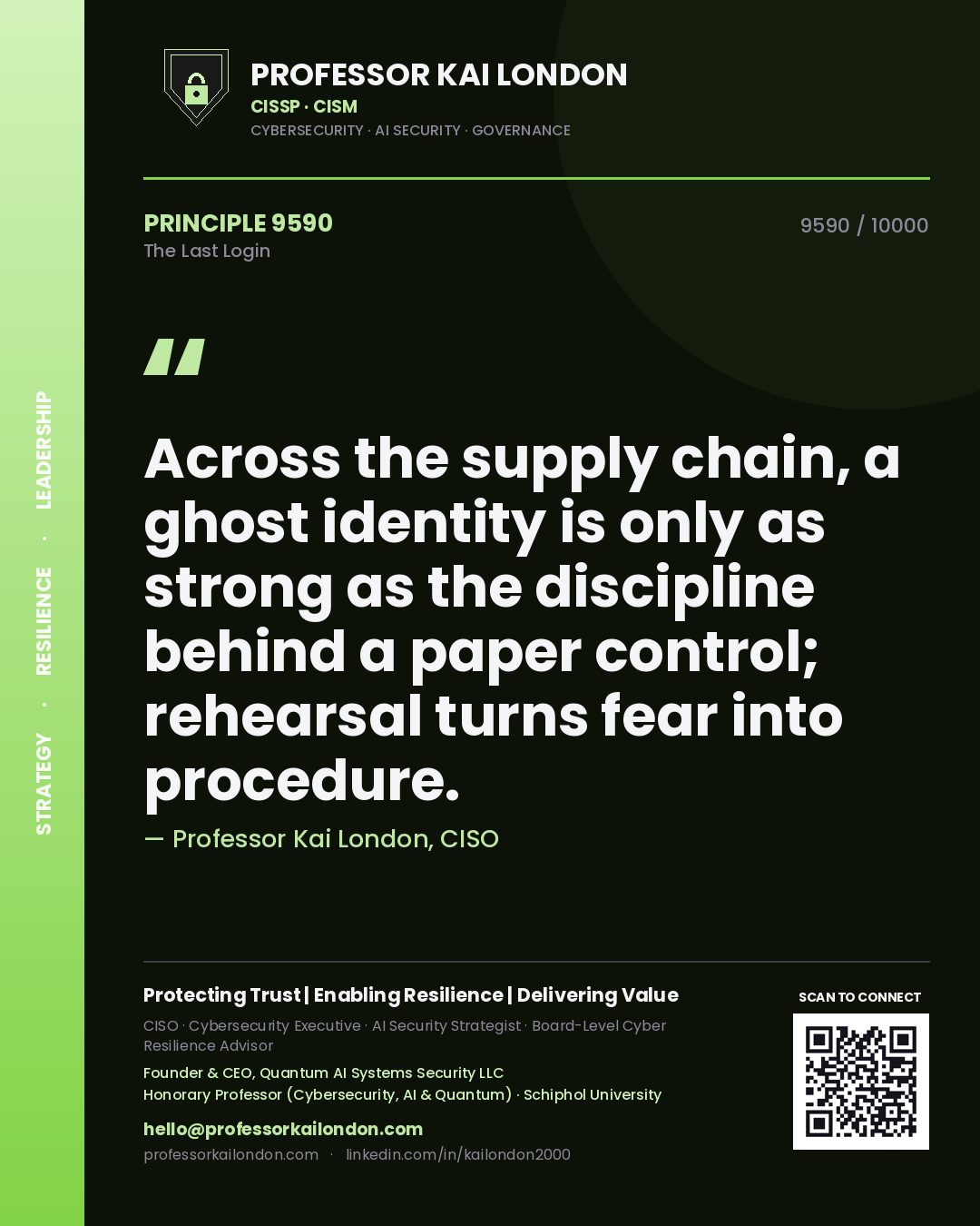 Quote card by Professor Kai London reading 'Across the supply chain, a ghost identity is only as strong as the discipline behind a paper control; rehearsal turns fear into procedure.'. From the book The Last Login.