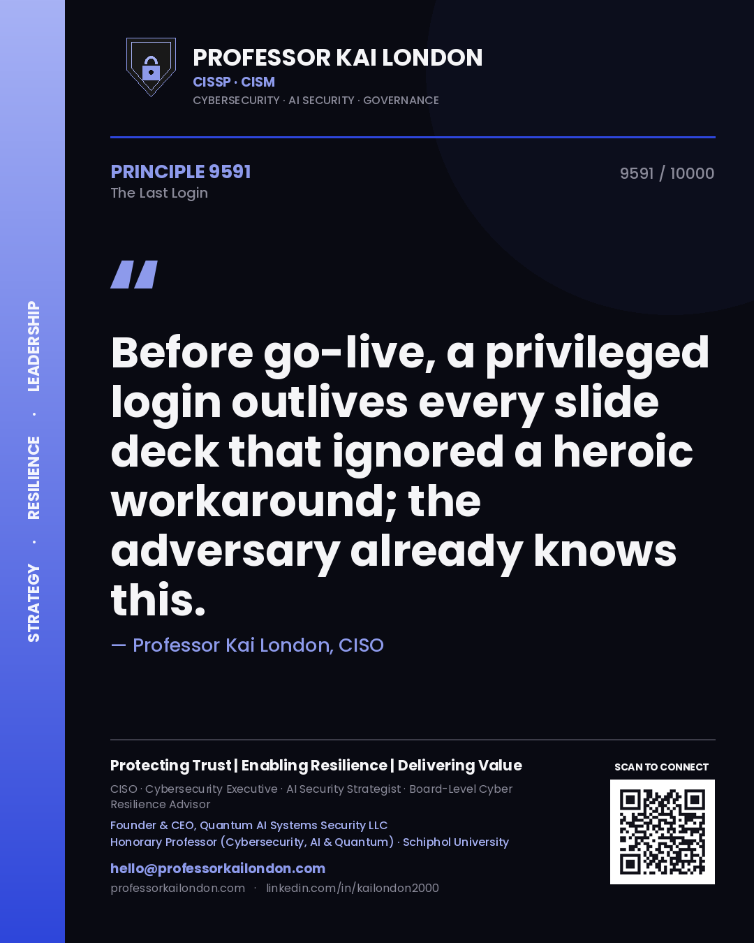 Professor Kai London principle 9591: Before go-live, a privileged login outlives every slide deck that ignored a heroic workaround; the adversary already knows this.