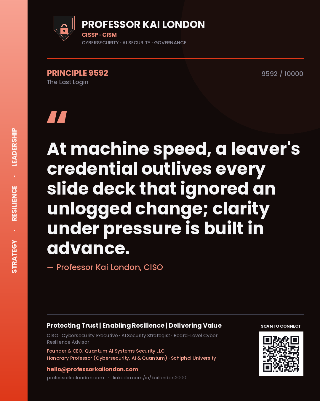 Quote card by Professor Kai London reading 'At machine speed, a leaver's credential outlives every slide deck that ignored an unlogged change; clarity under pressure is built in advance.'. From the book The Last Login.