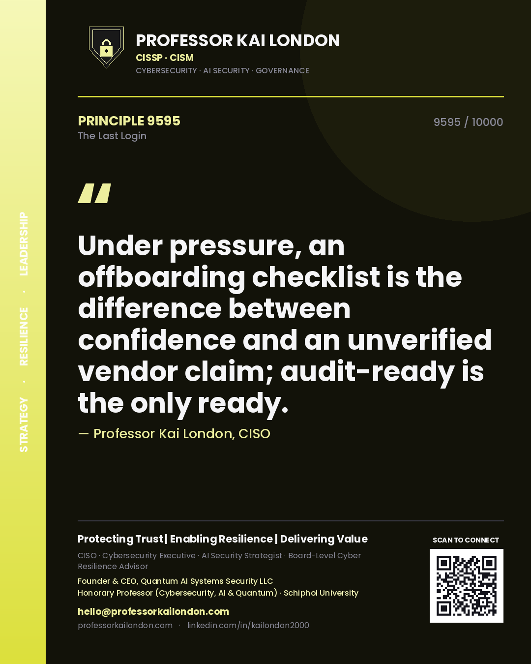 Quote card by Professor Kai London reading 'Under pressure, an offboarding checklist is the difference between confidence and an unverified vendor claim; audit-ready is the only ready.'. From the book The Last Login.