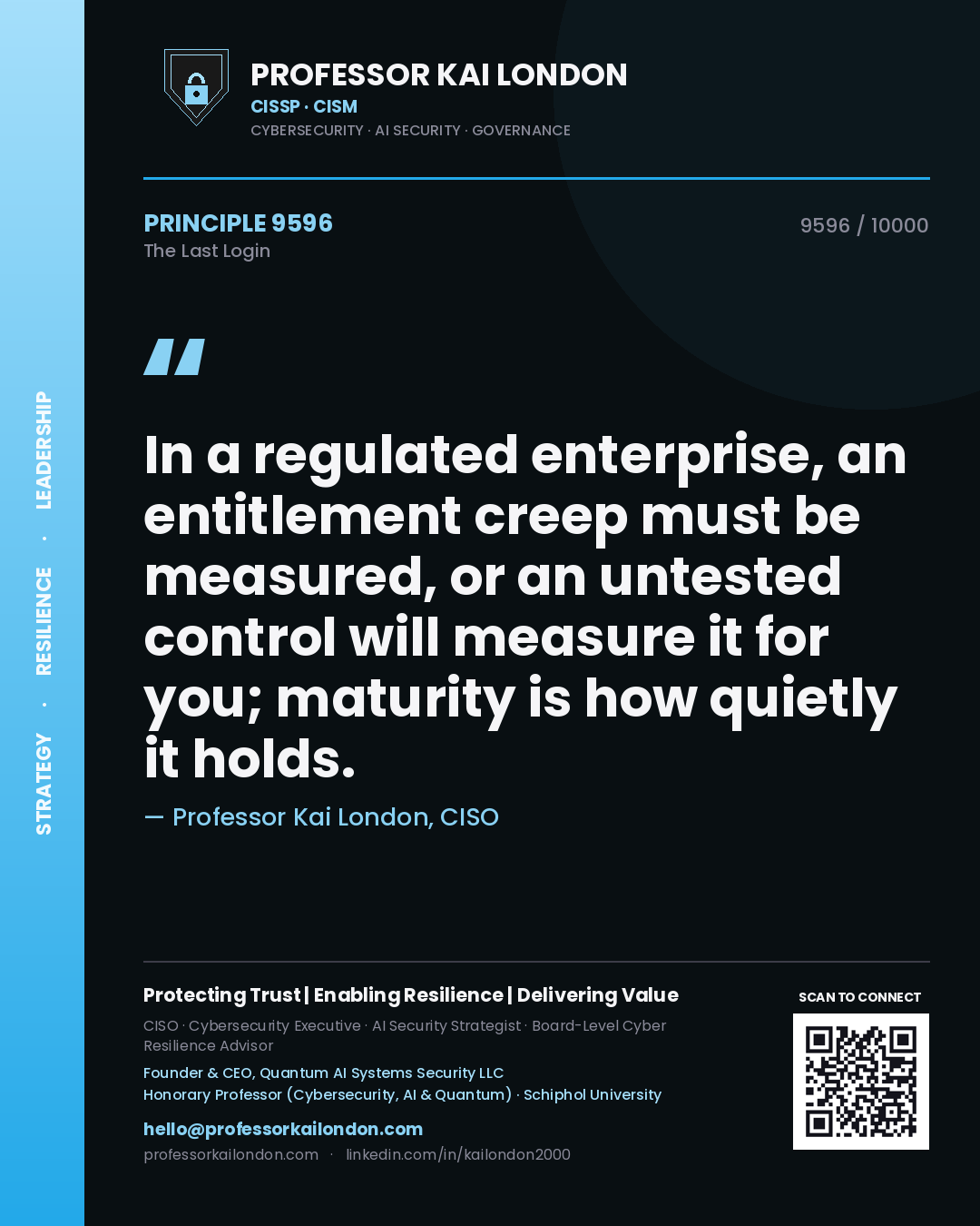 Quote card by Professor Kai London reading 'In a regulated enterprise, an entitlement creep must be measured, or an untested control will measure it for you; maturity is how quietly it holds.'. From the book The Last Login.