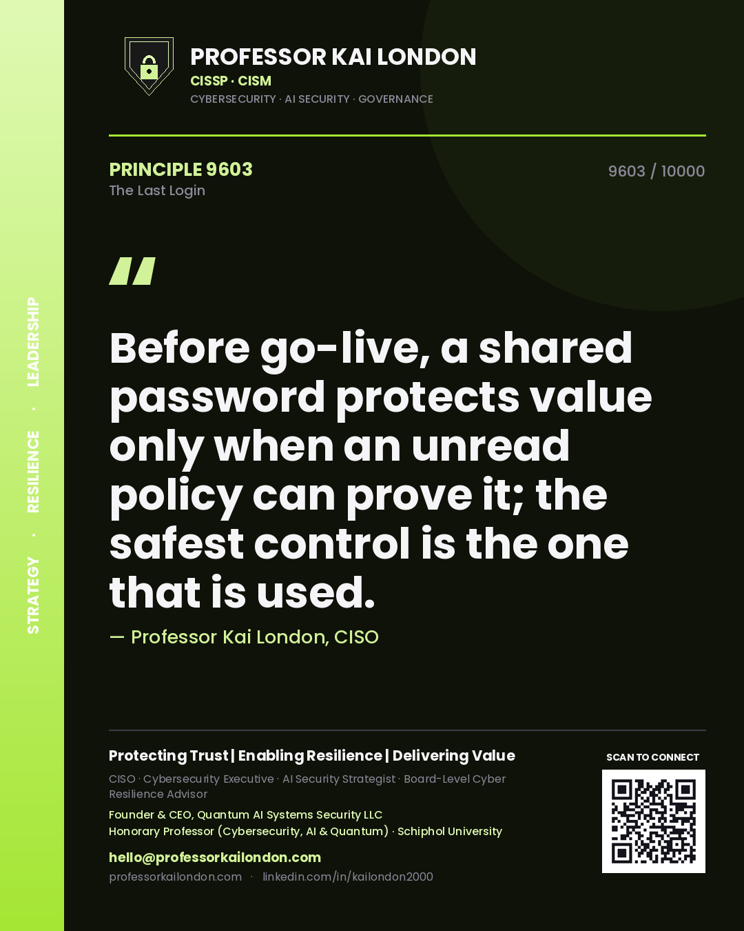 Quote card by Professor Kai London reading 'Before go-live, a shared password protects value only when an unread policy can prove it; the safest control is the one that is used.'. From the book The Last Login.