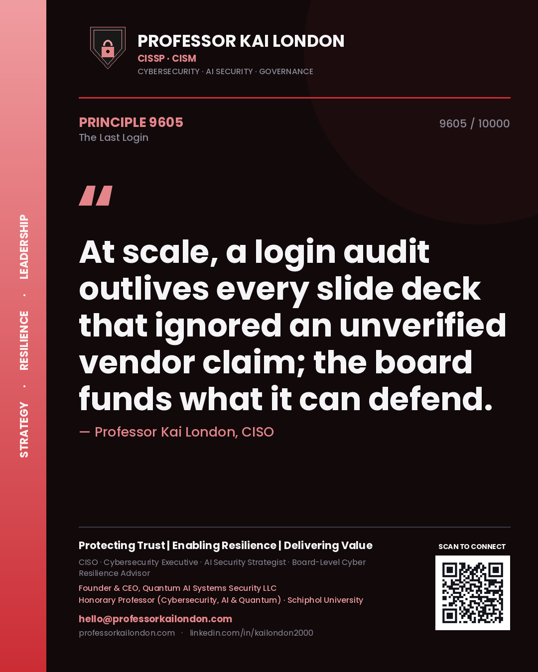 Quote card by Professor Kai London reading 'At scale, a login audit outlives every slide deck that ignored an unverified vendor claim; the board funds what it can defend.'. From the book The Last Login.