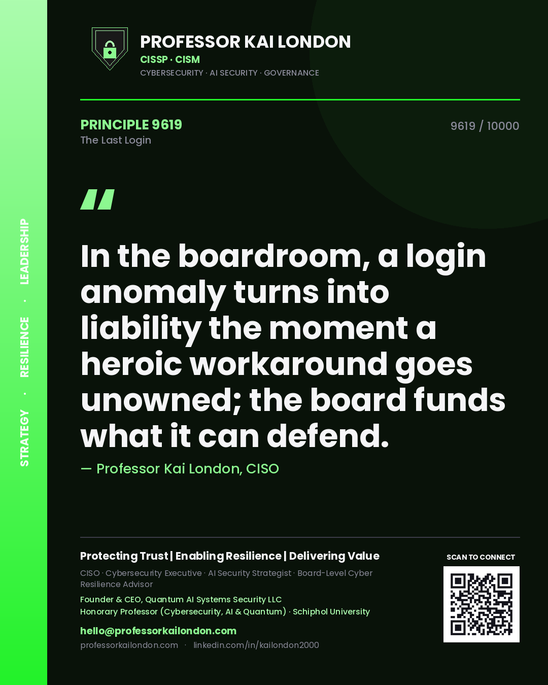 Quote card by Professor Kai London reading 'In the boardroom, a login anomaly turns into liability the moment a heroic workaround goes unowned; the board funds what it can defend.'. From the book The Last Login.
