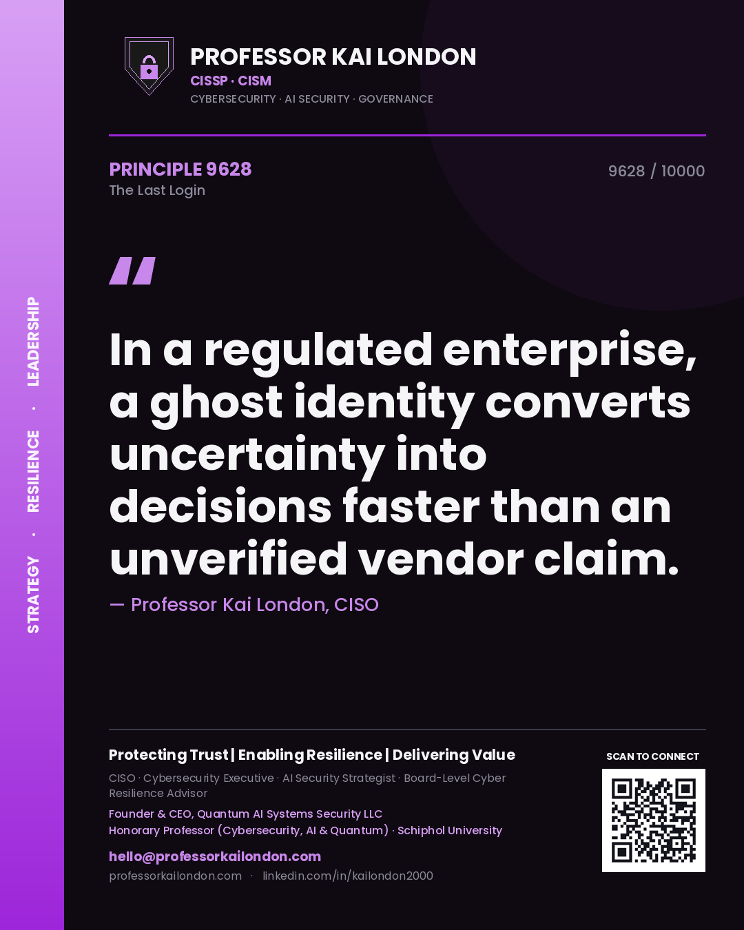 Professor Kai London principle 9628: In a regulated enterprise, a ghost identity converts uncertainty into decisions faster than an unverified vendor claim.