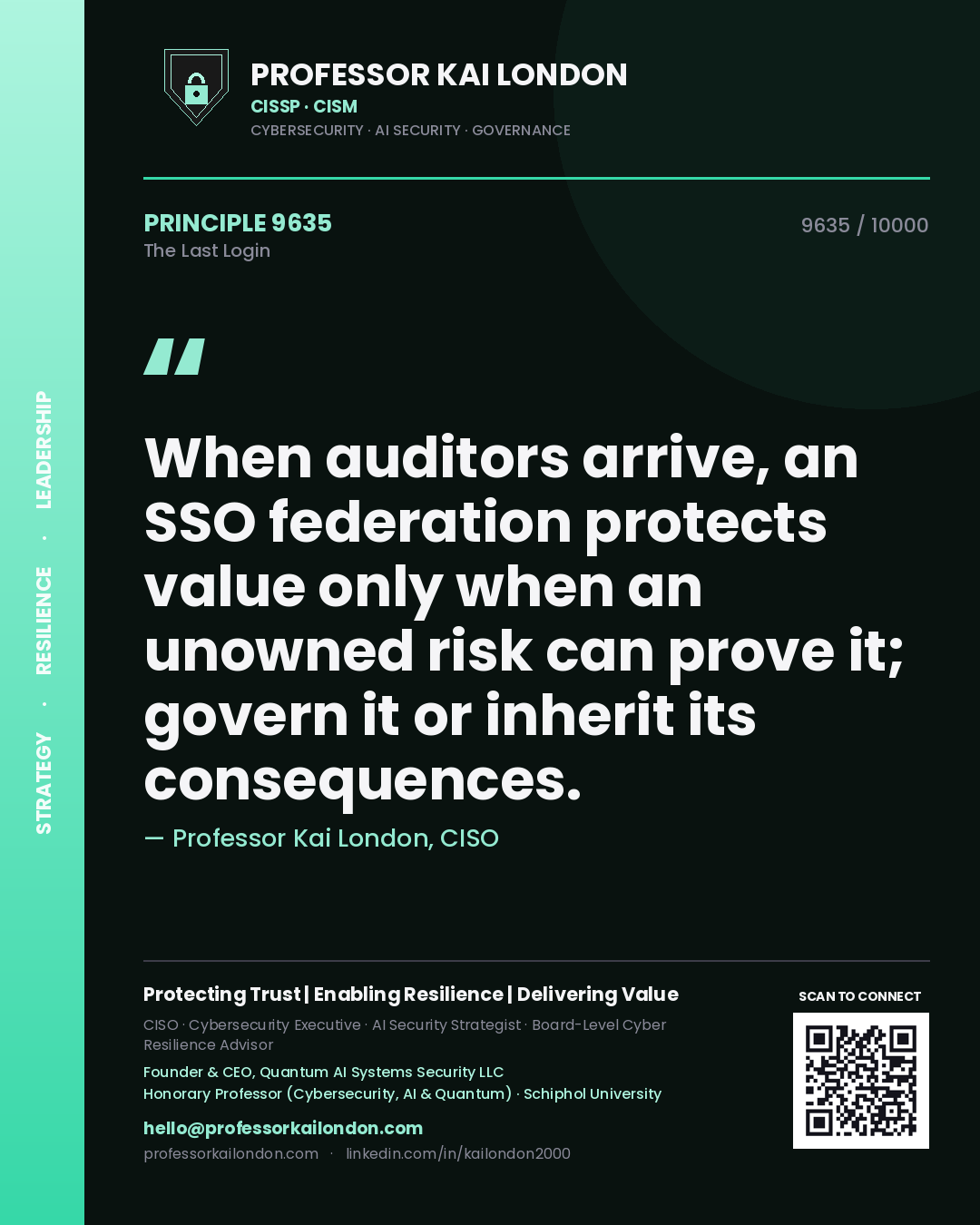 Quote card by Professor Kai London reading 'When auditors arrive, an SSO federation protects value only when an unowned risk can prove it; govern it or inherit its consequences.'. From the book The Last Login.