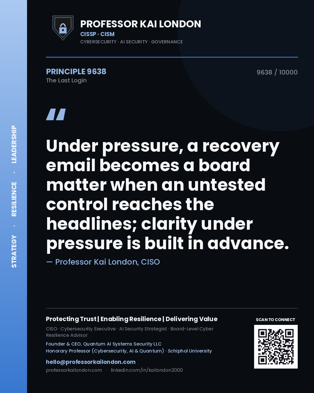 Quote card by Professor Kai London reading 'Under pressure, a recovery email becomes a board matter when an untested control reaches the headlines; clarity under pressure is built in advance.'. From the book The Last Login.
