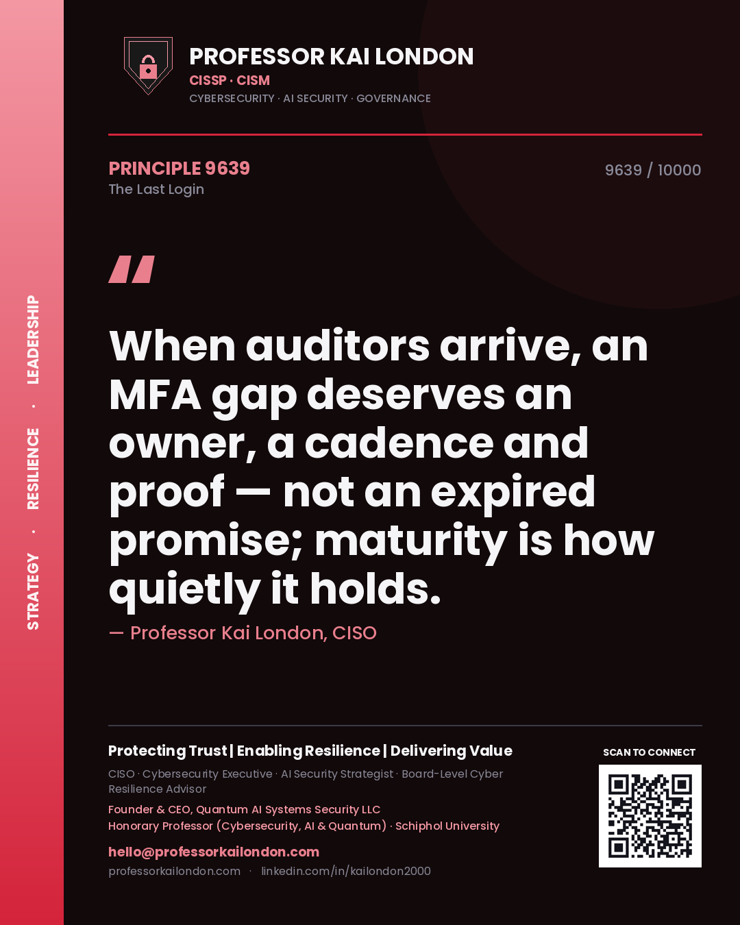 Quote card by Professor Kai London reading 'When auditors arrive, an MFA gap deserves an owner, a cadence and proof — not an expired promise; maturity is how quietly it holds.'. From the book The Last Login.