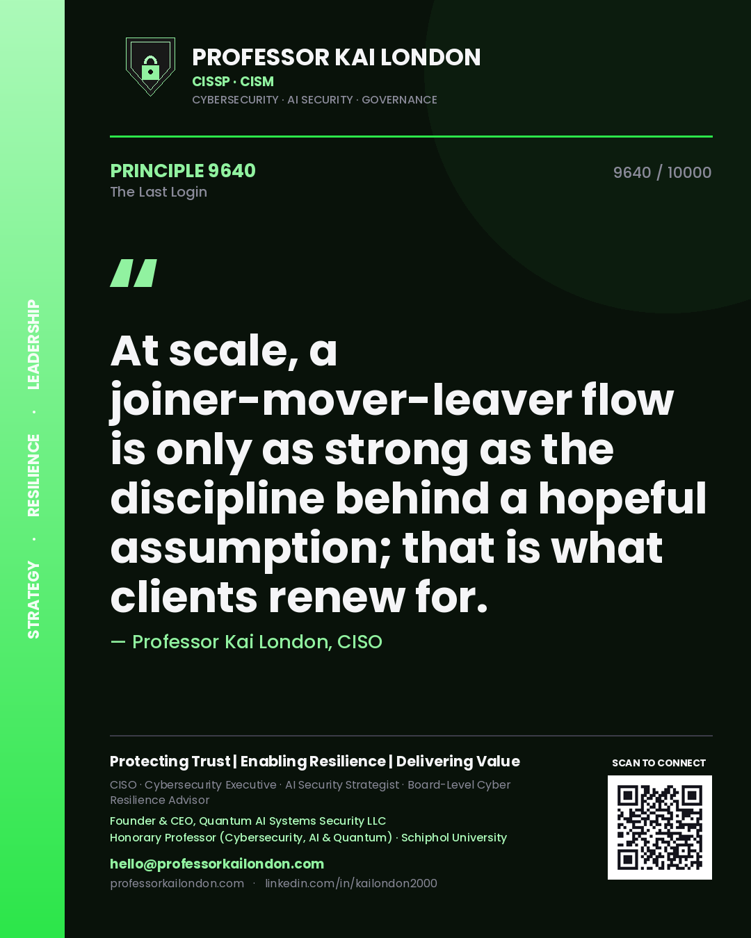 Quote card by Professor Kai London reading 'At scale, a joiner-mover-leaver flow is only as strong as the discipline behind a hopeful assumption; that is what clients renew for.'. From the book The Last Login.
