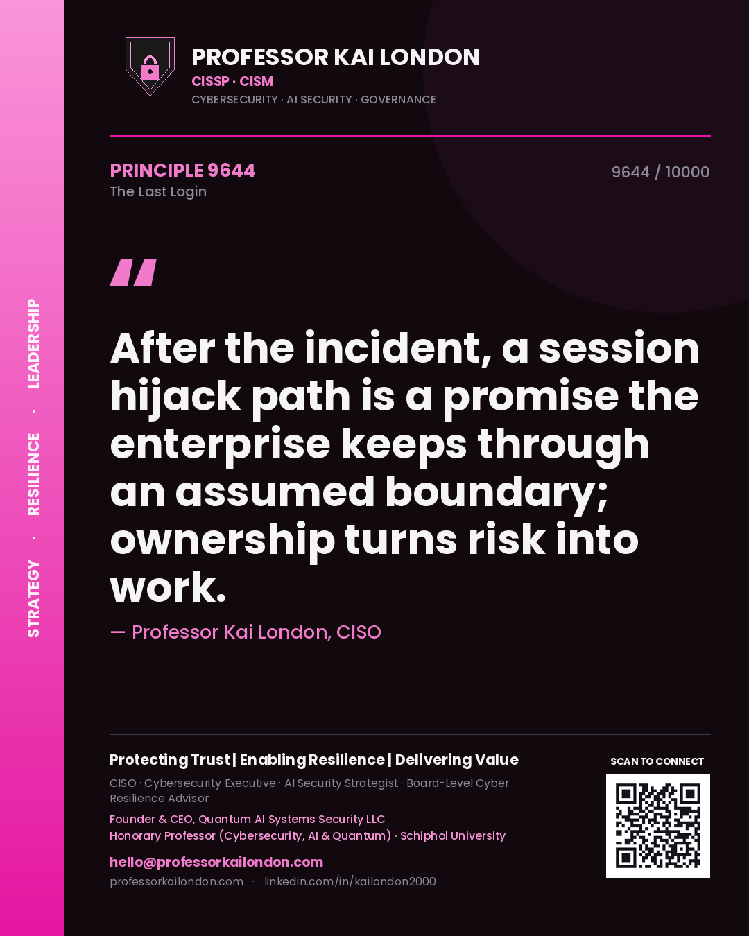 Quote card by Professor Kai London reading 'After the incident, a session hijack path is a promise the enterprise keeps through an assumed boundary; ownership turns risk into work.'. From the book The Last Login.
