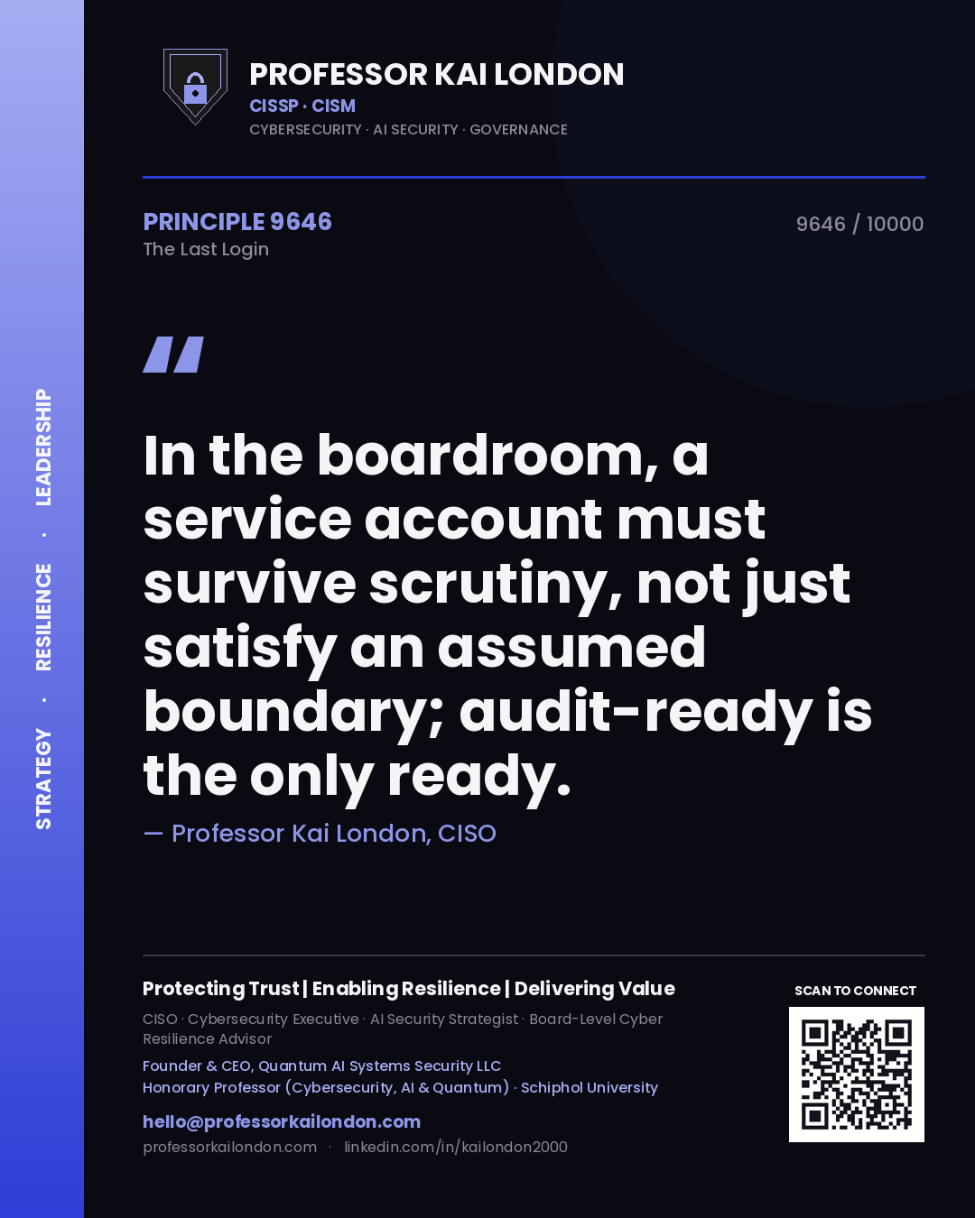 Quote card by Professor Kai London reading 'In the boardroom, a service account must survive scrutiny, not just satisfy an assumed boundary; audit-ready is the only ready.'. From the book The Last Login.
