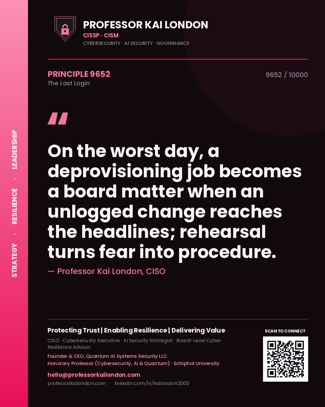 Quote card by Professor Kai London reading 'On the worst day, a deprovisioning job becomes a board matter when an unlogged change reaches the headlines; rehearsal turns fear into procedure.'. From the book The Last Login.