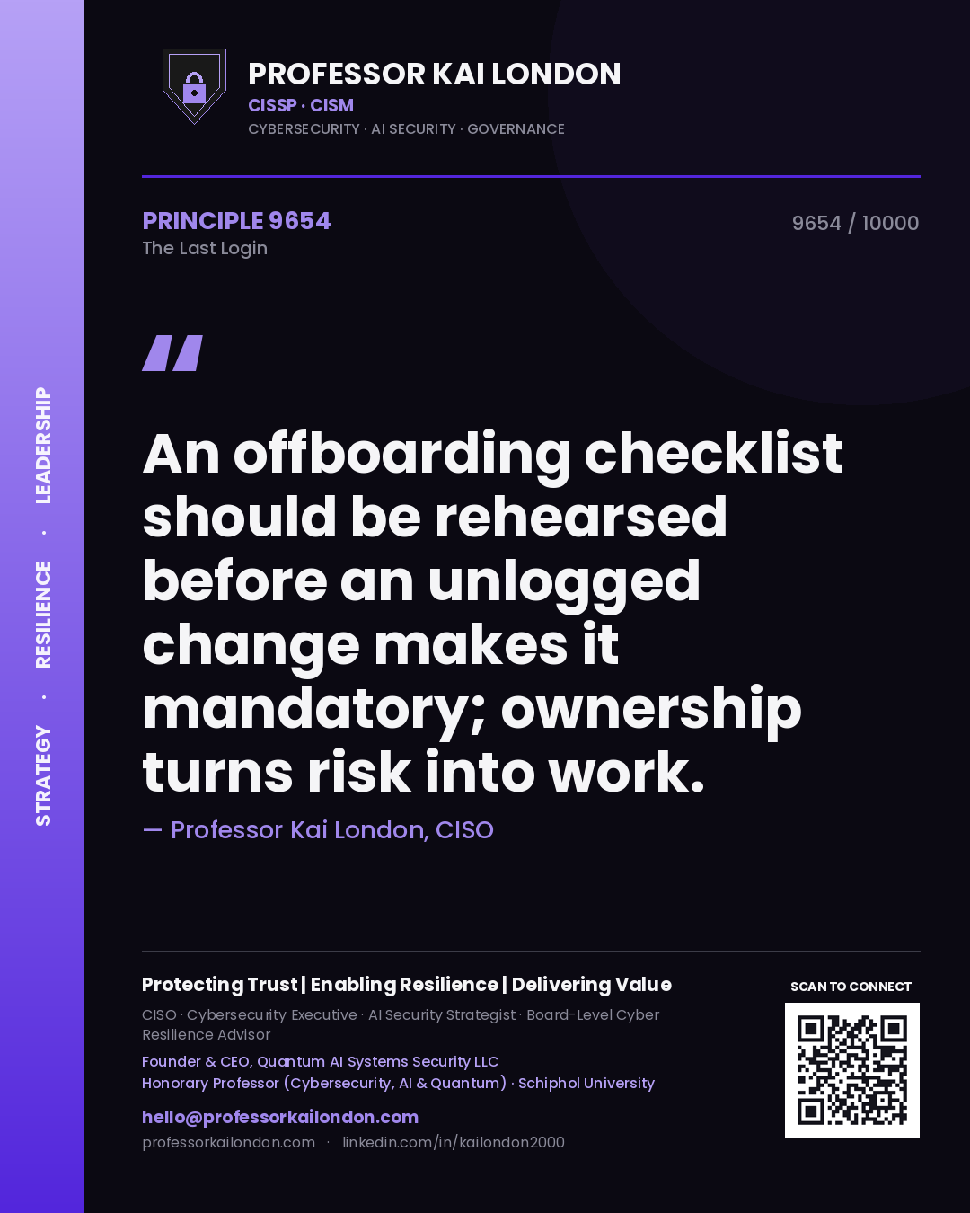 Quote card by Professor Kai London reading 'An offboarding checklist should be rehearsed before an unlogged change makes it mandatory; ownership turns risk into work.'. From the book The Last Login.