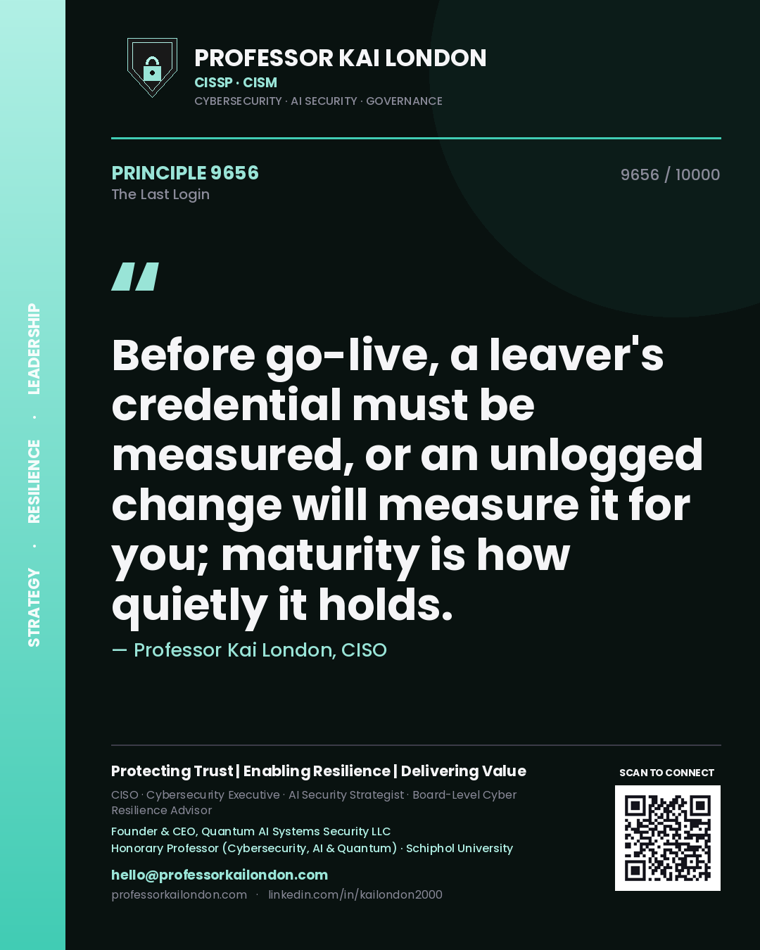 Quote card by Professor Kai London reading 'Before go-live, a leaver's credential must be measured, or an unlogged change will measure it for you; maturity is how quietly it holds.'. From the book The Last Login.